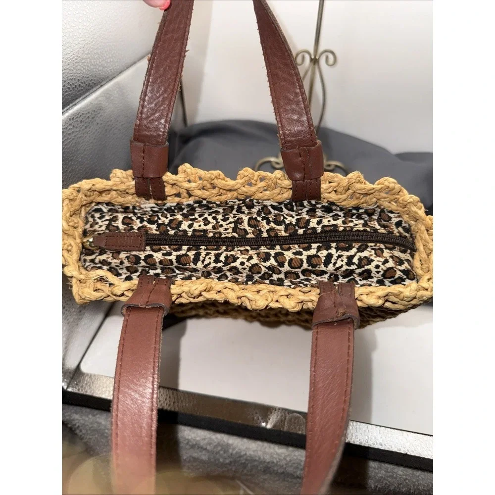 Express Bag Straw Boho Small Tan Animal Print Lining Zipper Closure Summer Purse